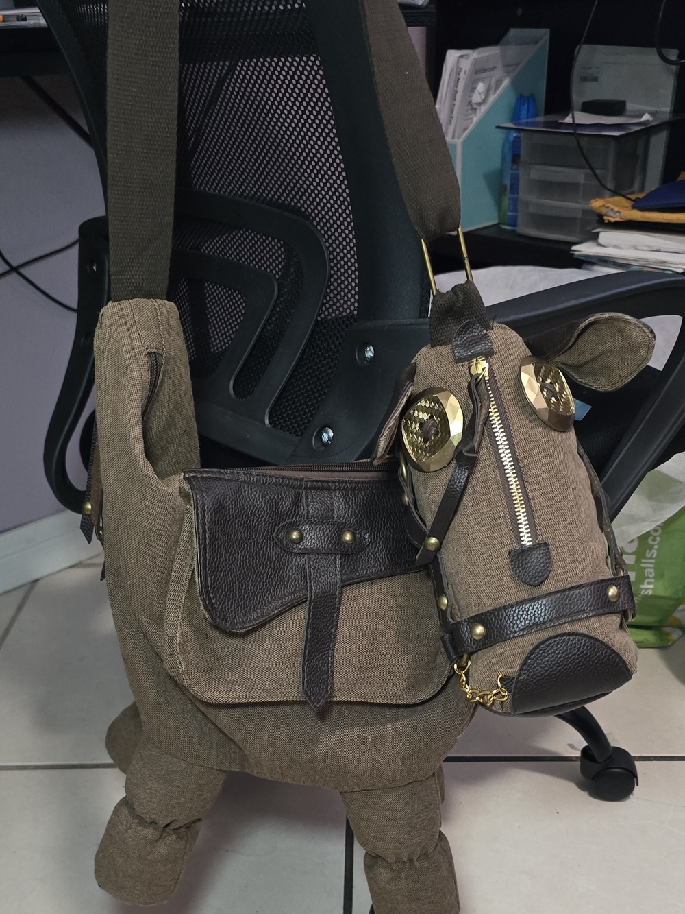 Novelty Khaki Brown Canvas Horse-Shaped Crossbody Bag